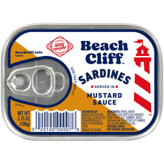 Beach Cliff sardines in mustard sauce can, protein-rich snack option.