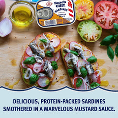 Beach Cliff sardines on a plate with mustard, a protein-rich meal idea.