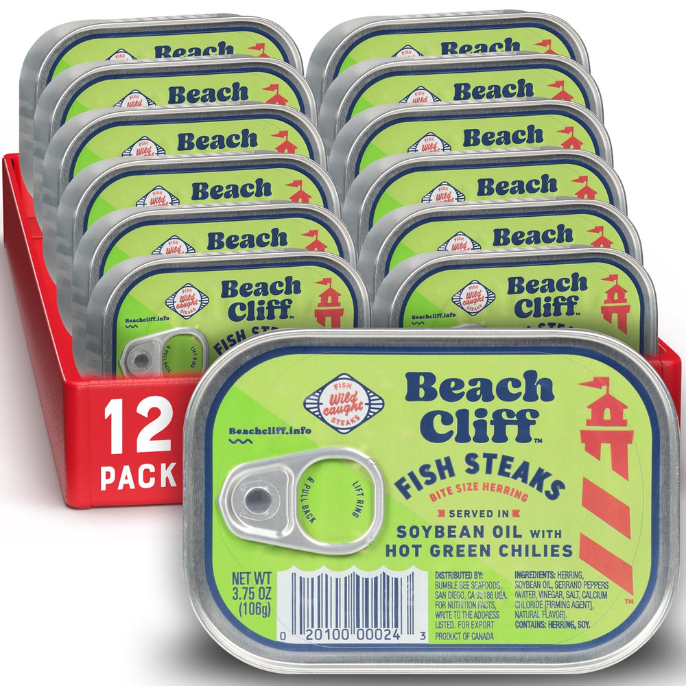 Beach Cliff wild caught fish steaks in soybean oil with hot green chilies, ready for meals