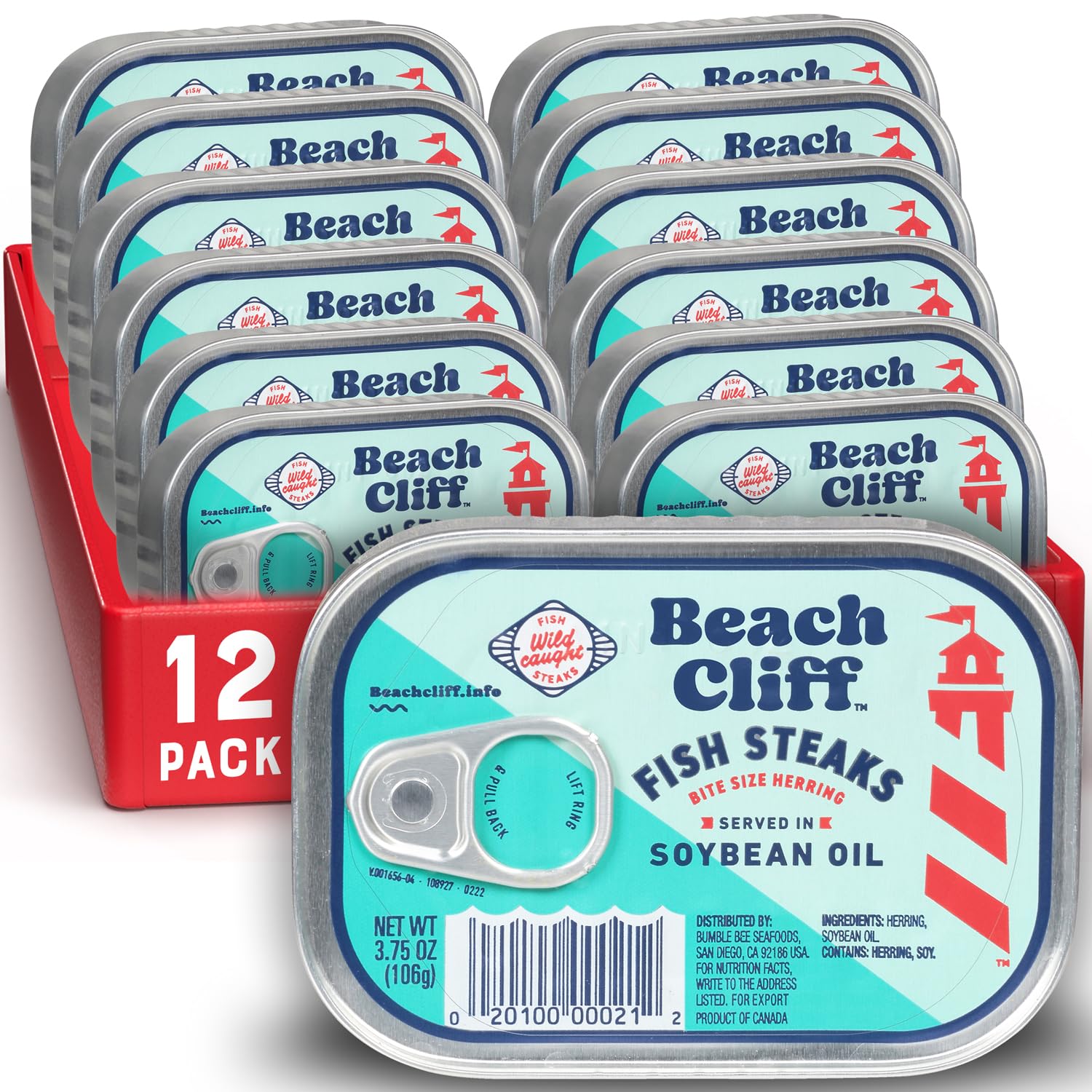 Beach Cliff wild-caught fish steaks in soybean oil, close-up highlight premium quality.