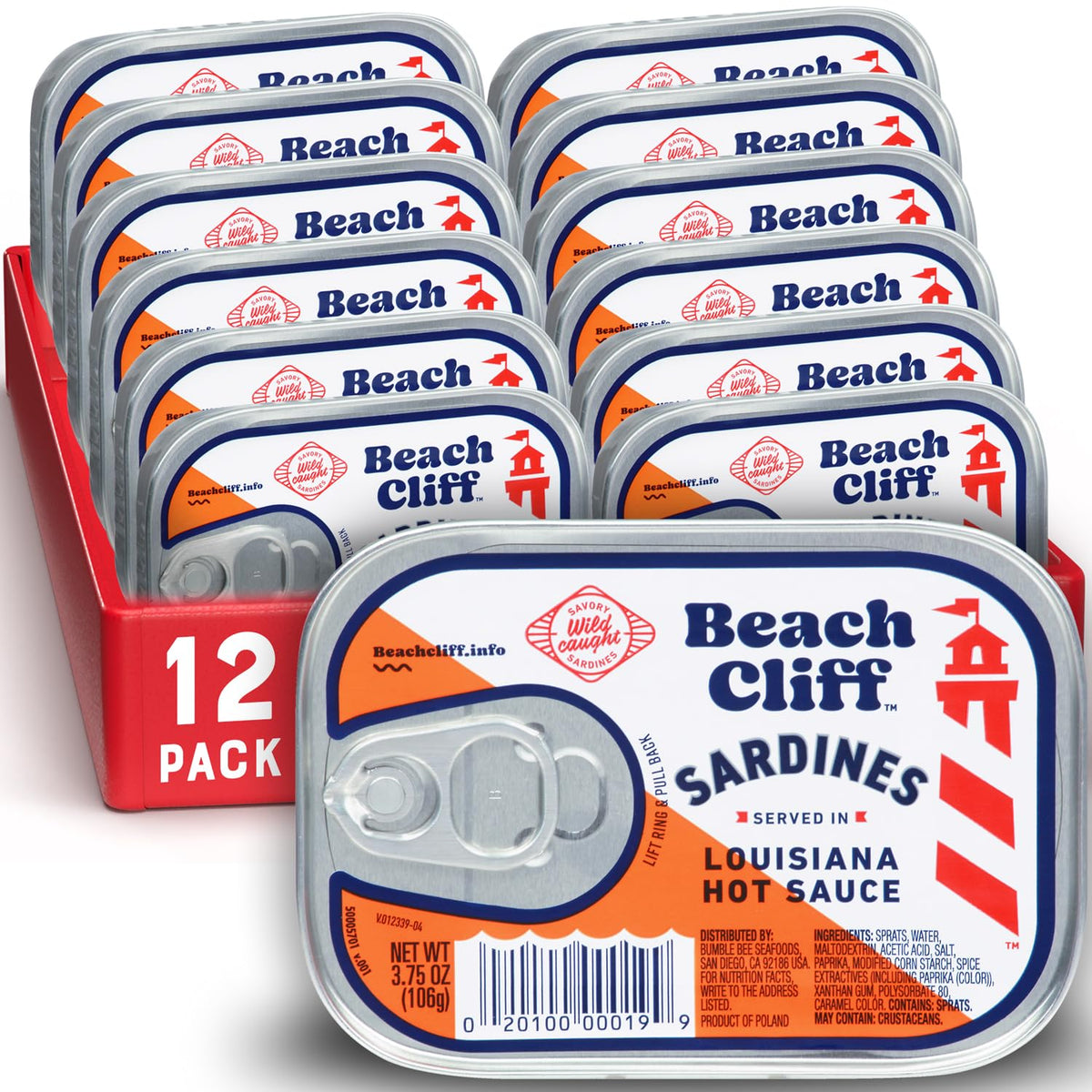 Beach Cliff wild-caught sardines in Louisiana hot sauce can, a protein-packed snack.