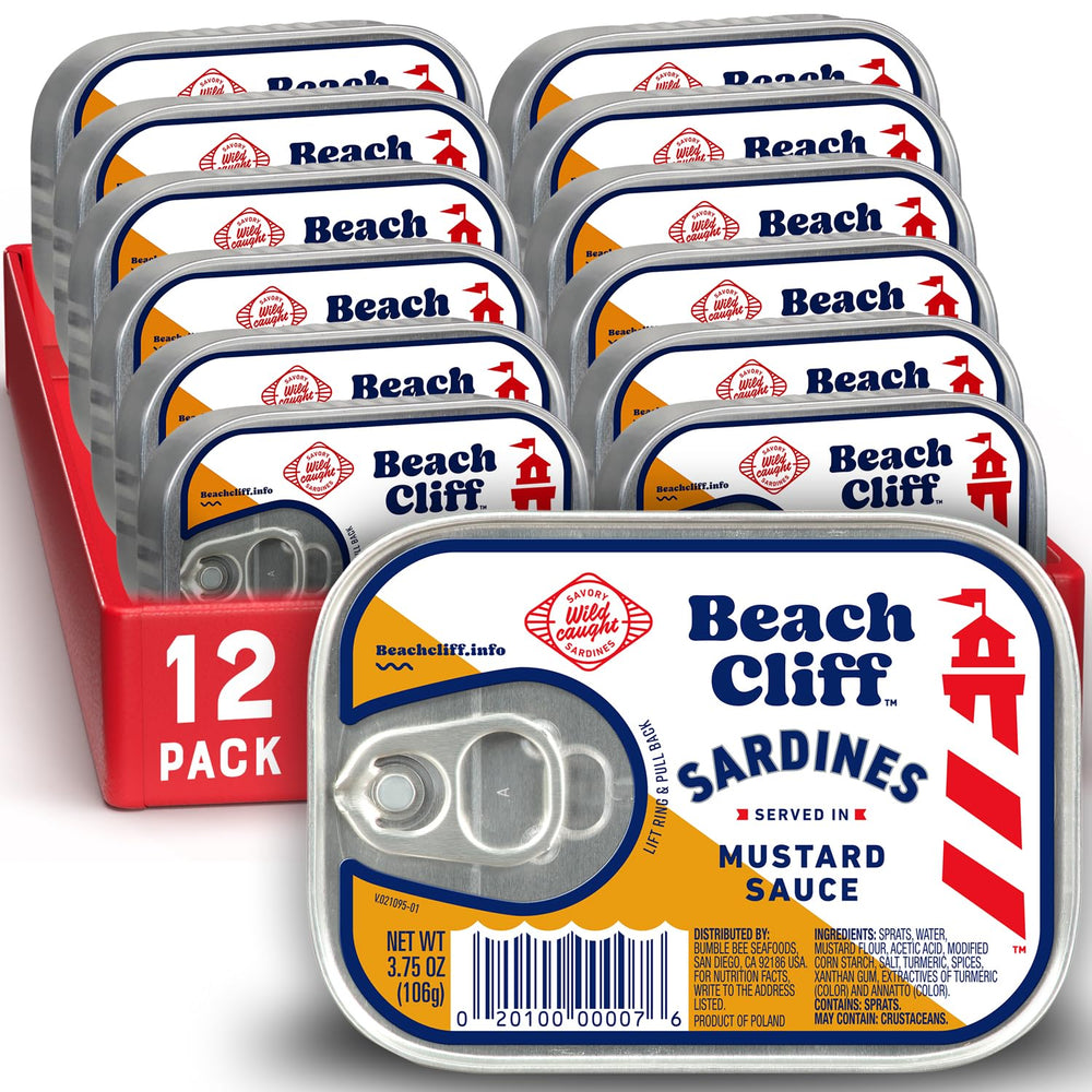 Beach Cliff wild caught sardines in mustard sauce can, ideal for a protein-packed snack.