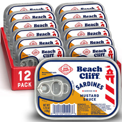Beach Cliff wild caught sardines in mustard sauce can, ideal for a protein-packed snack.