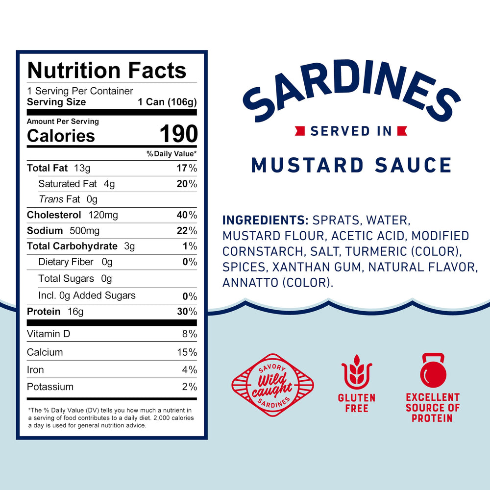 Beach Cliff wild caught sardines in mustard sauce packaging highlights gluten-free, keto-friendly pantry staple.