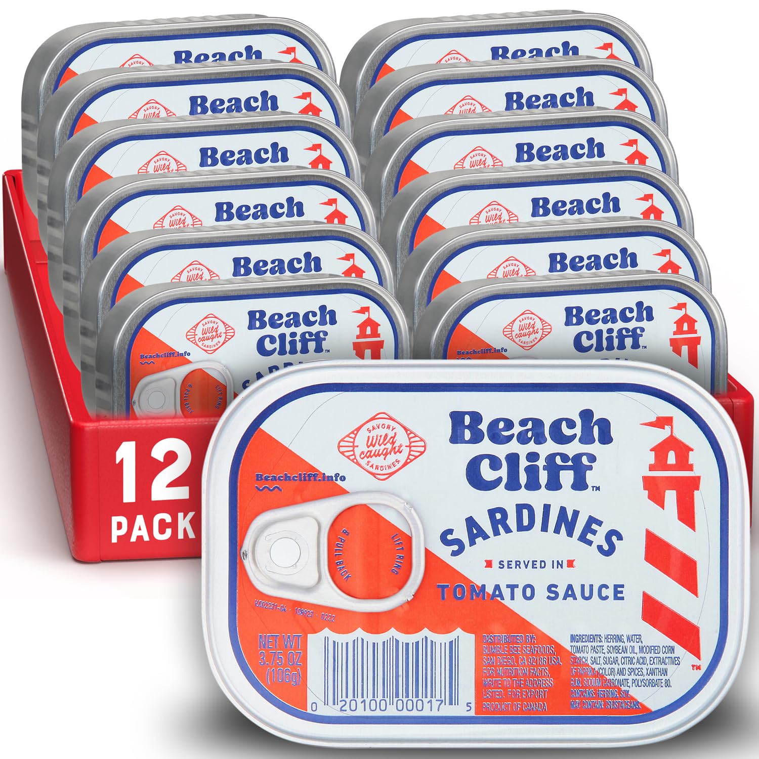 Beach Cliff wild caught sardines in tomato sauce can on pantry shelf, protein-rich snack.