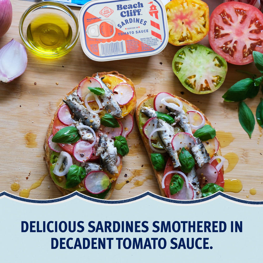 Sardines from Beach Cliff paired with bread or pasta for simple, protein-packed meals.