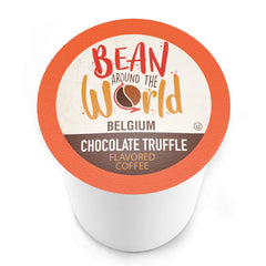 Steaming cup of Bean Around The World Chocolate Truffle coffee.
