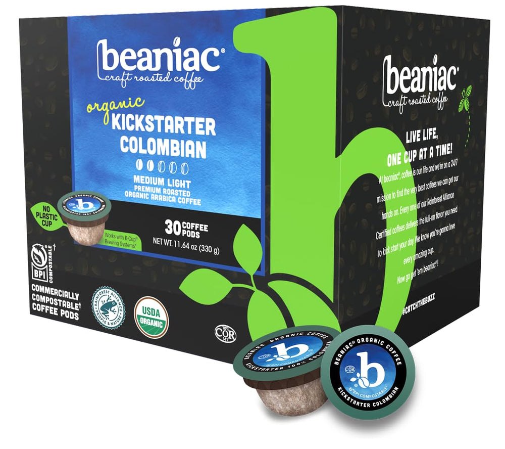 Beaniac Colombian organic coffee pods for Keurig machines in a compact single-serve capsule