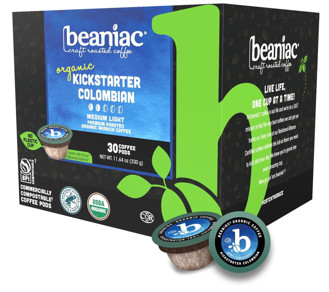 Beaniac Colombian organic coffee pods for Keurig machines in a compact single-serve capsule