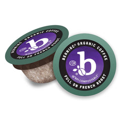 Beaniac Full On French Roast compostable wrapper packaging, eco-friendly single-serve option.