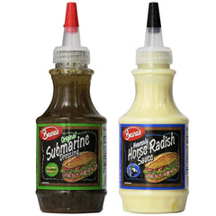 Beano's sauce and dressing variety pack featuring submarine dressing and horseradish sauce for bold sandwiches.