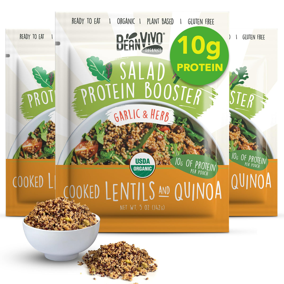BeanVIVO 3-pack front view, convenient protein-packed pouches for quick meals.