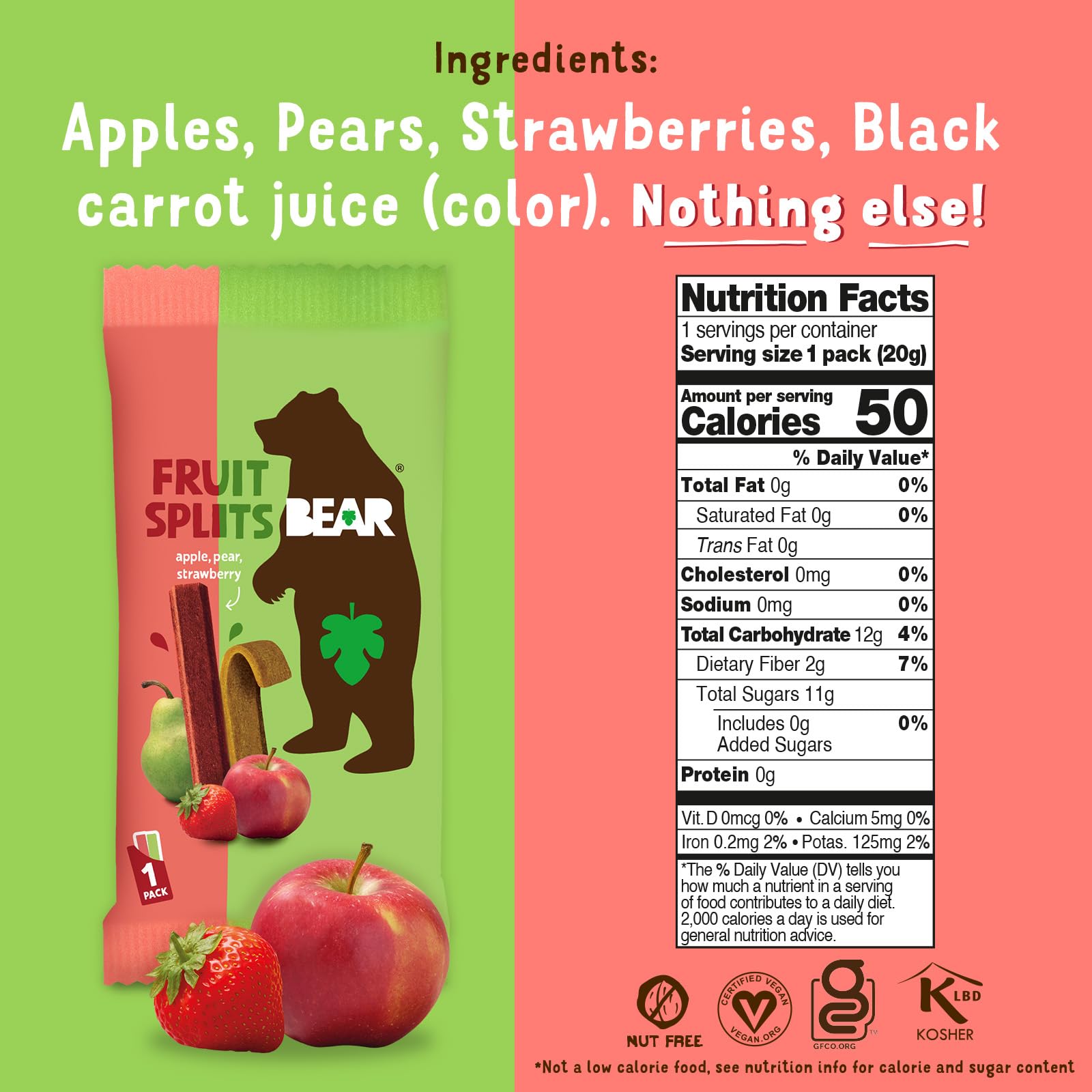 BEAR Real Fruit Snack Splits close-up of apple-strawberry sticks, gluten-free and vegan