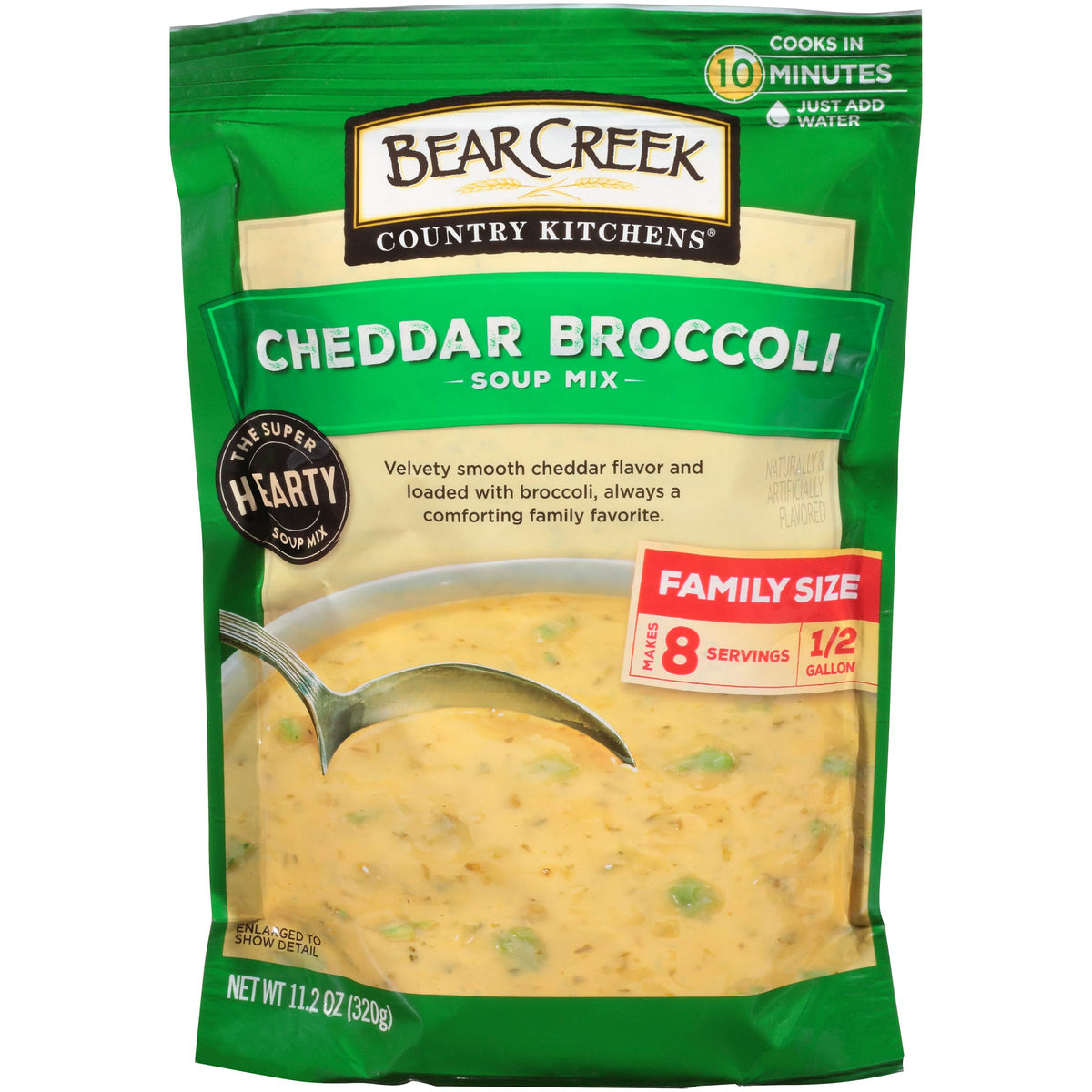 Bear Creek Cheddar Broccoli Soup Mix packaging shows quick, comforting meals.