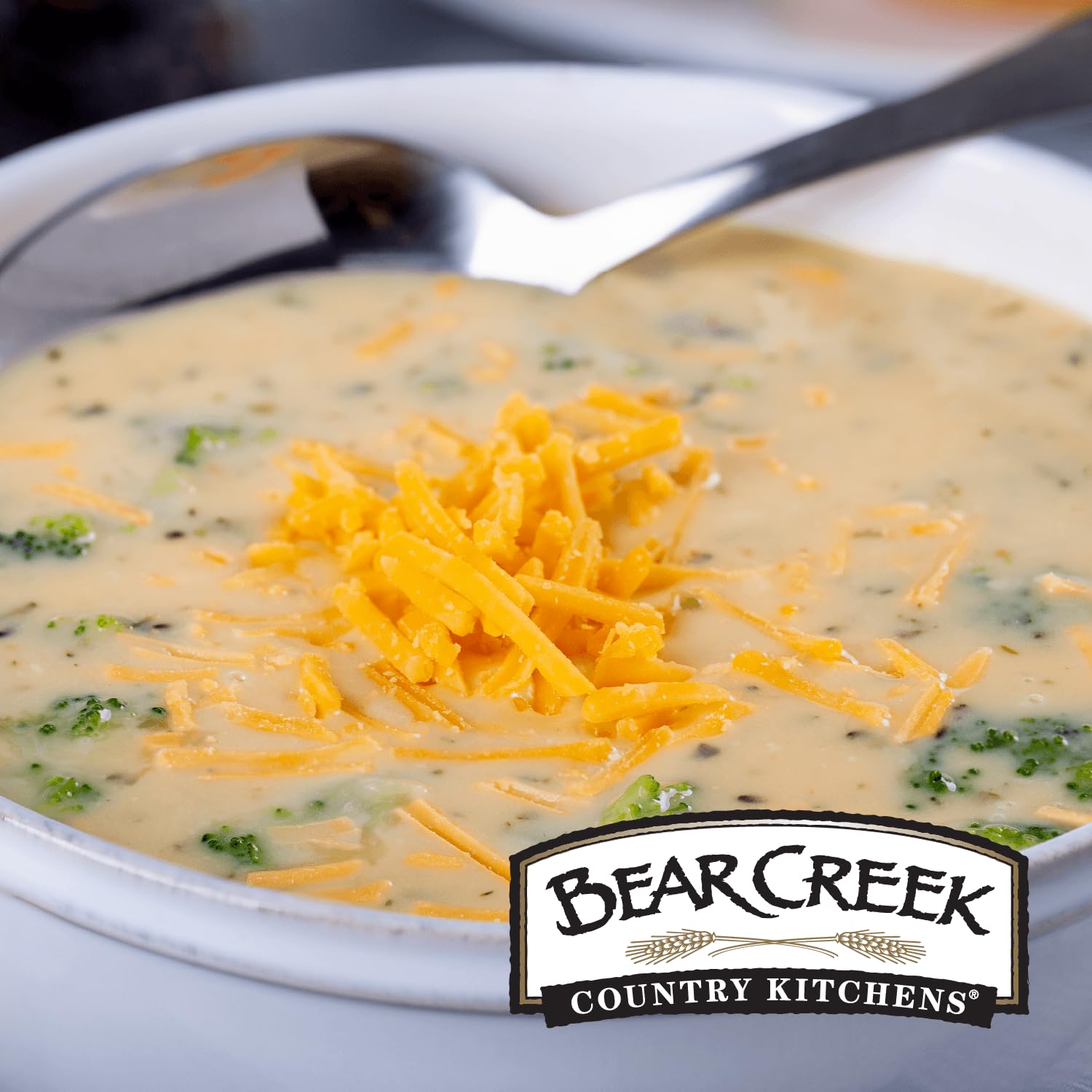 Bear Creek Cheddar Broccoli Soup Mix ready steaming bowl of soup