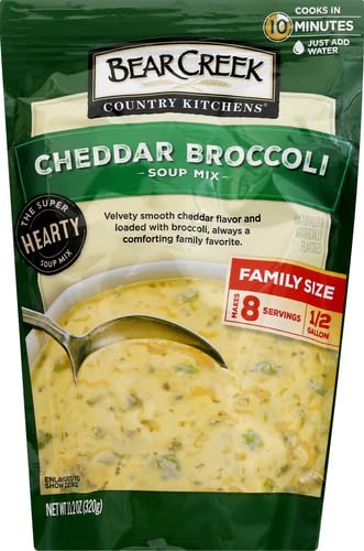 Bear Creek Cheddar Broccoli Soup Mix steaming bowl, warm and creamy.
