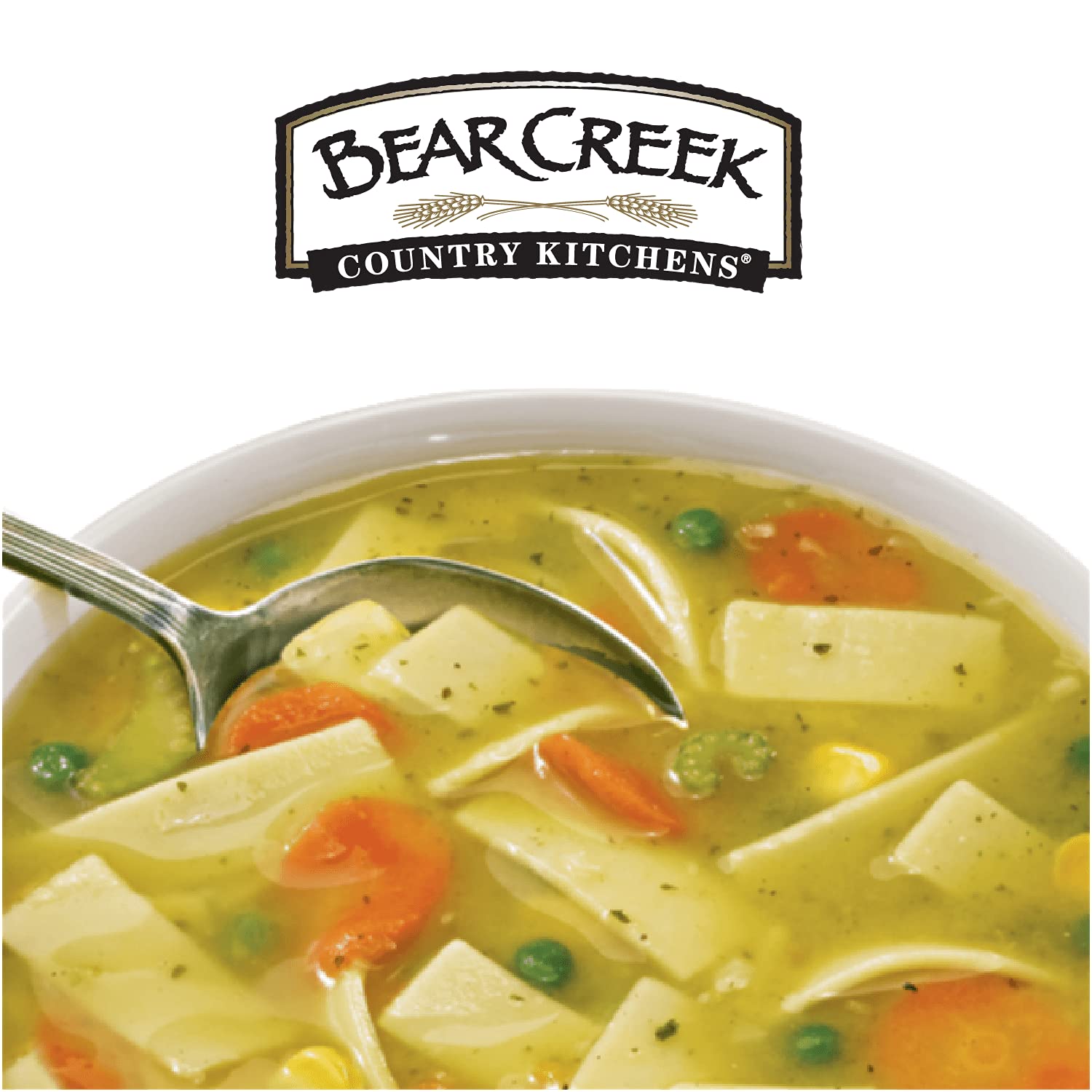 A ready-to-serve Bear Creek Chicken Noodle Soup bowl on the table.
