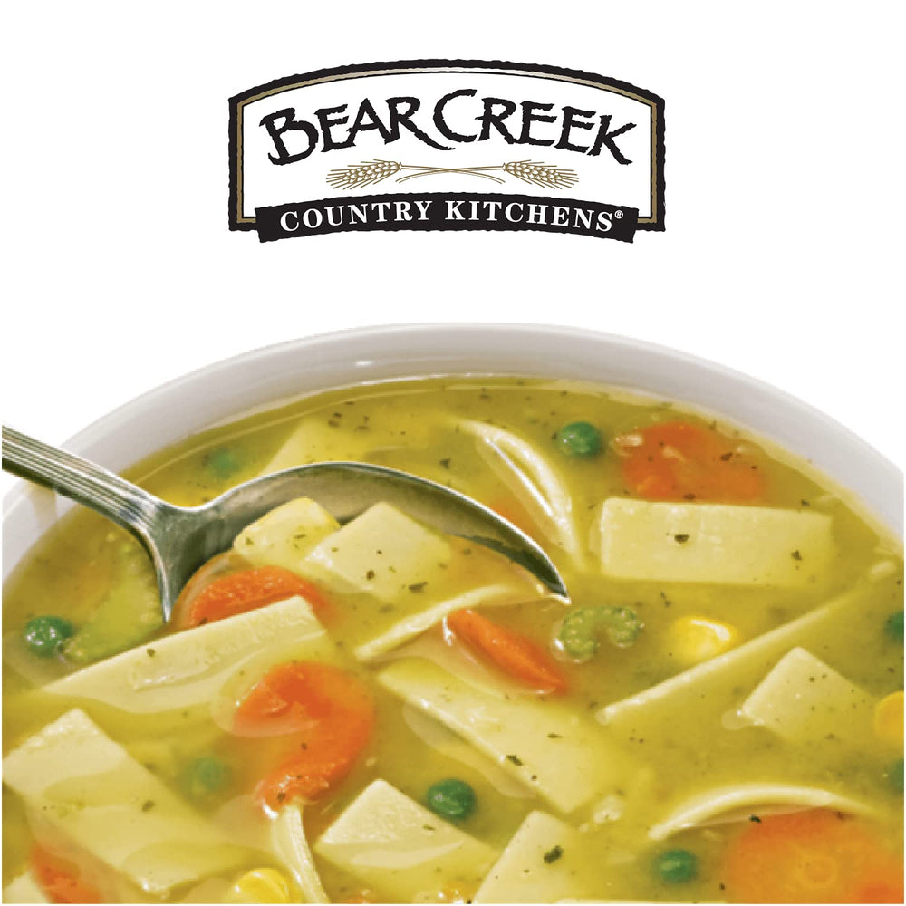 A ready-to-serve Bear Creek Chicken Noodle Soup bowl on the table.