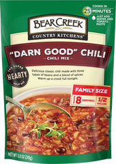 Bear Creek Darn Good Chili packaging shows a hearty mix ready in minutes.
