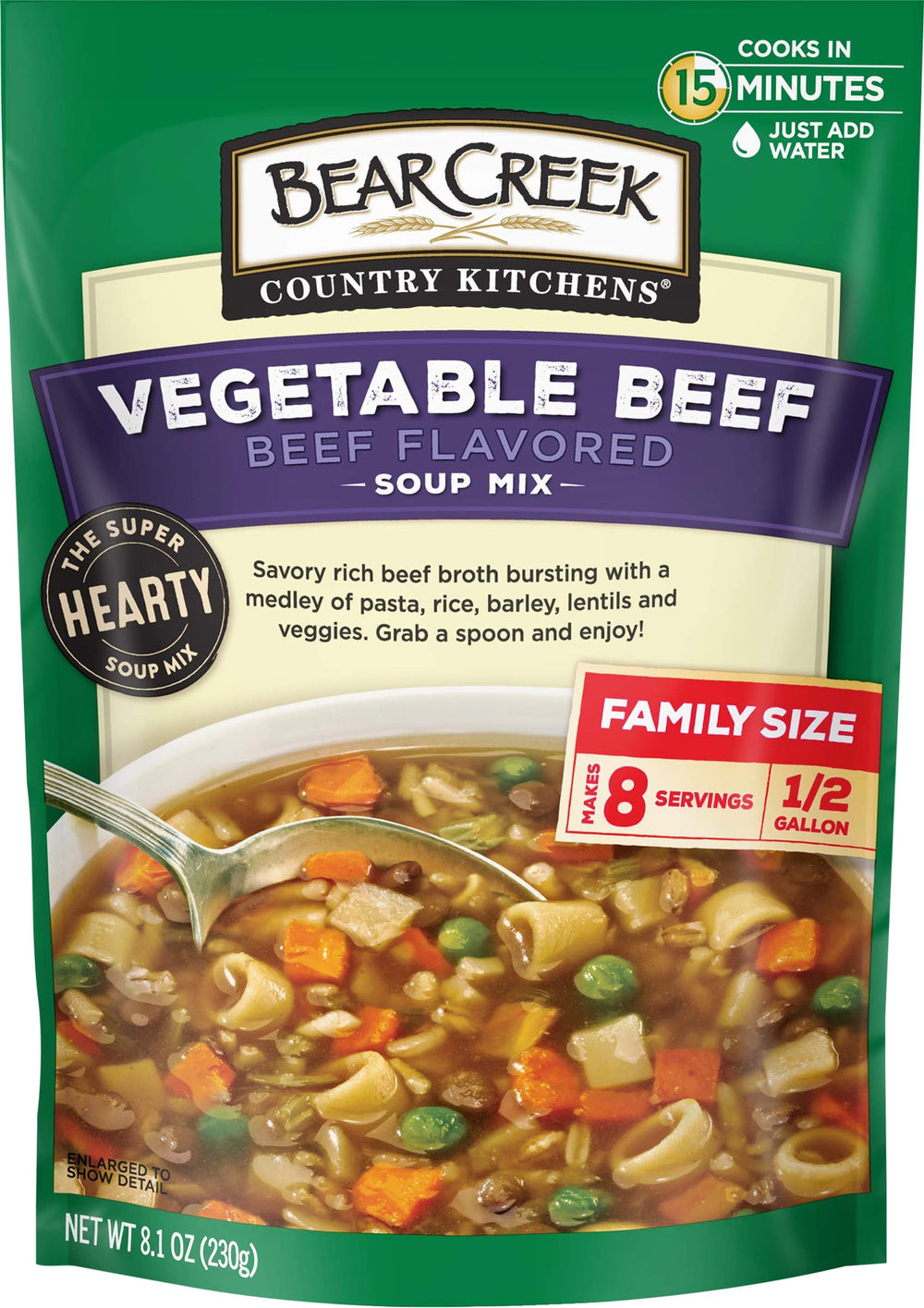 Bear Creek Vegetable Beef Soup Mix bag shows hearty blend for quick weeknight meals