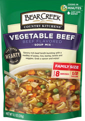 Bear Creek Vegetable Beef Soup Mix bag shows hearty blend for quick weeknight meals