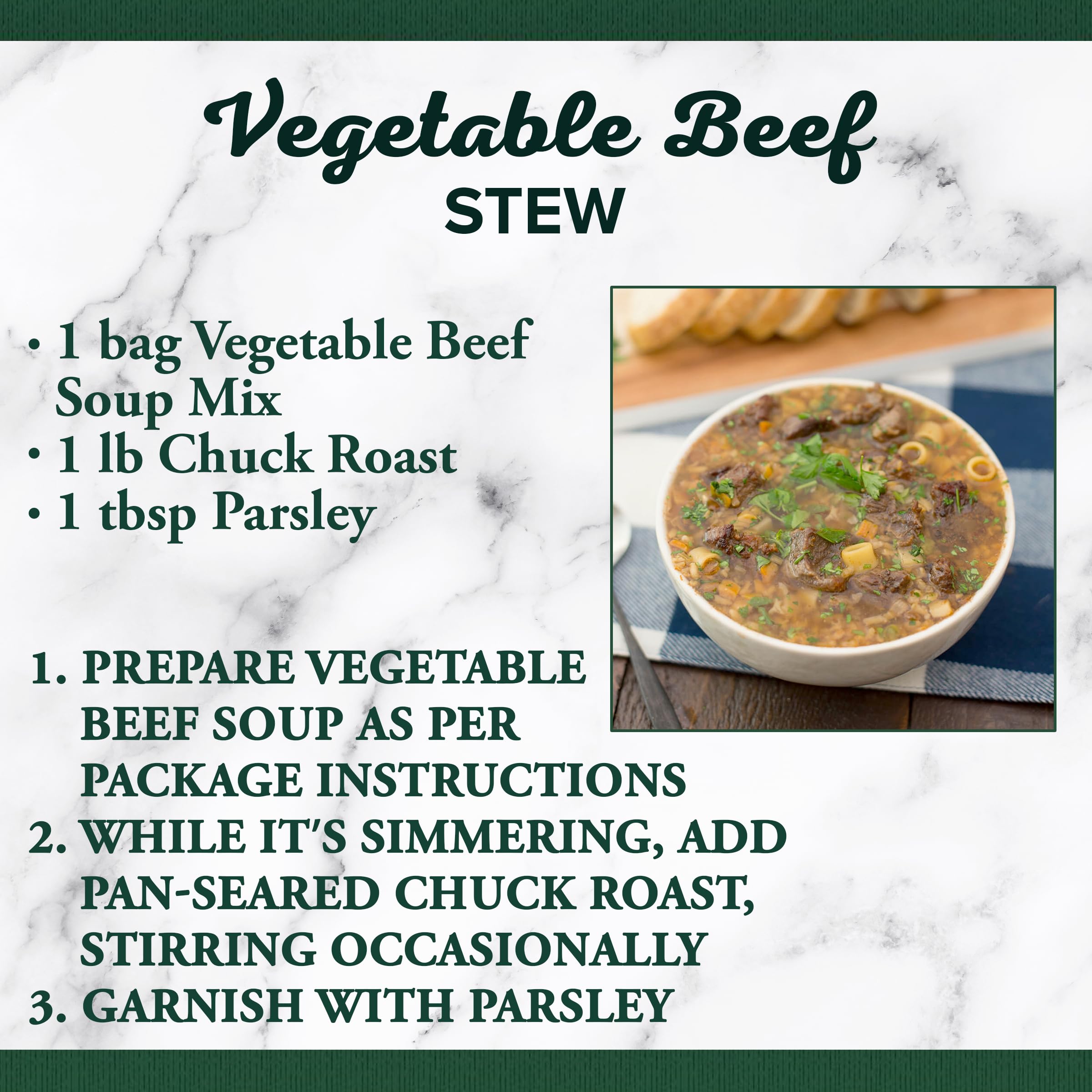 Bear Creek Vegetable Beef Soup Mix packaging highlighting hearty mix