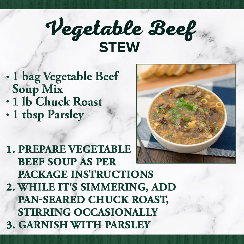 Bear Creek Vegetable Beef Soup Mix packaging highlighting hearty mix