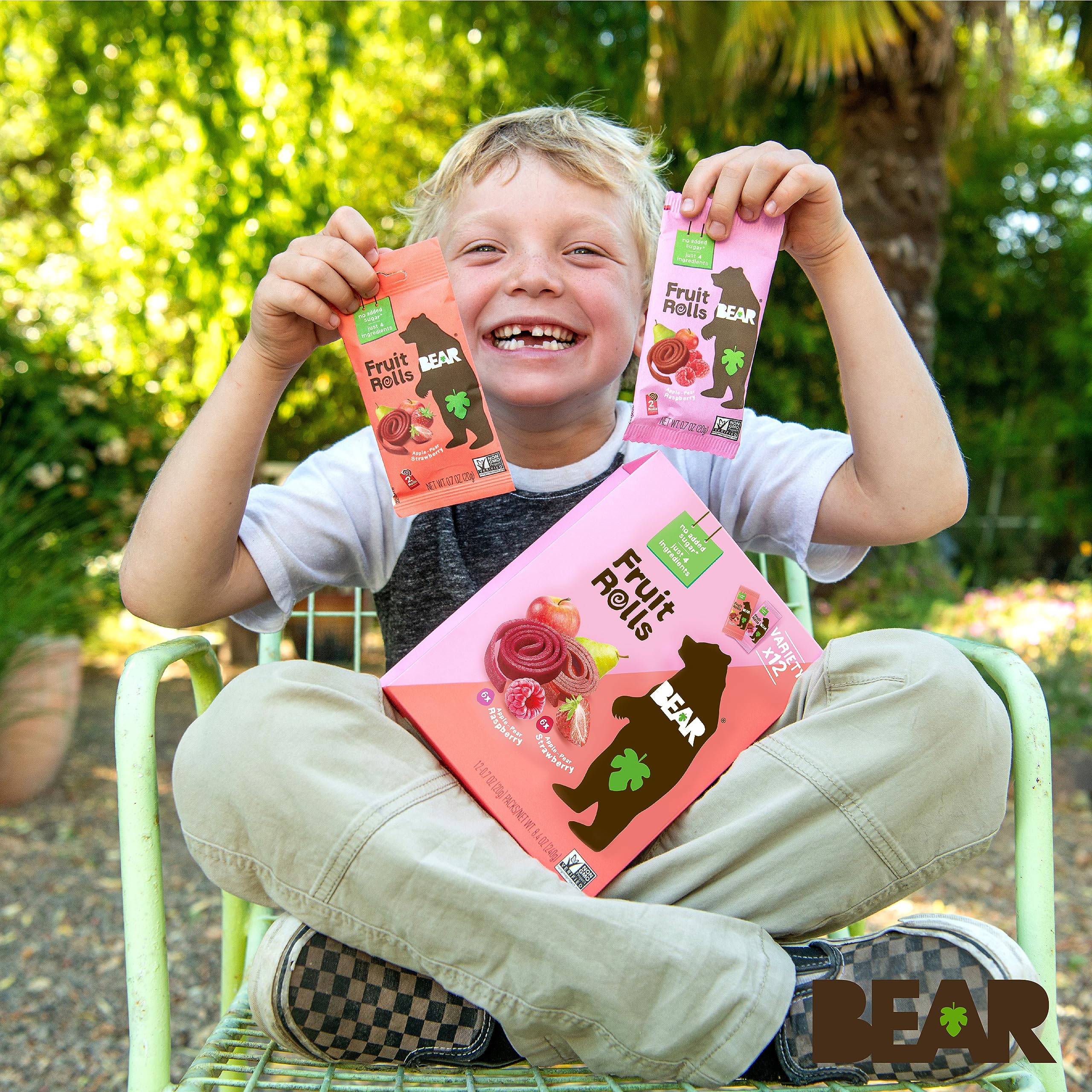 BEAR Fruit Rolls stack on shelf, inviting snack for kids.