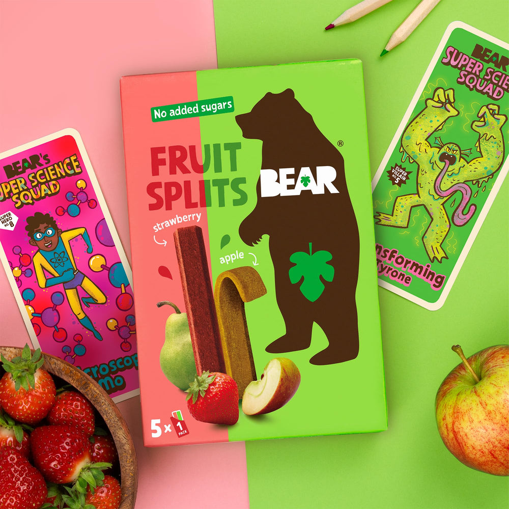 Bear Fruit Splits Apple Strawberry packaging with reseal feature for freshness