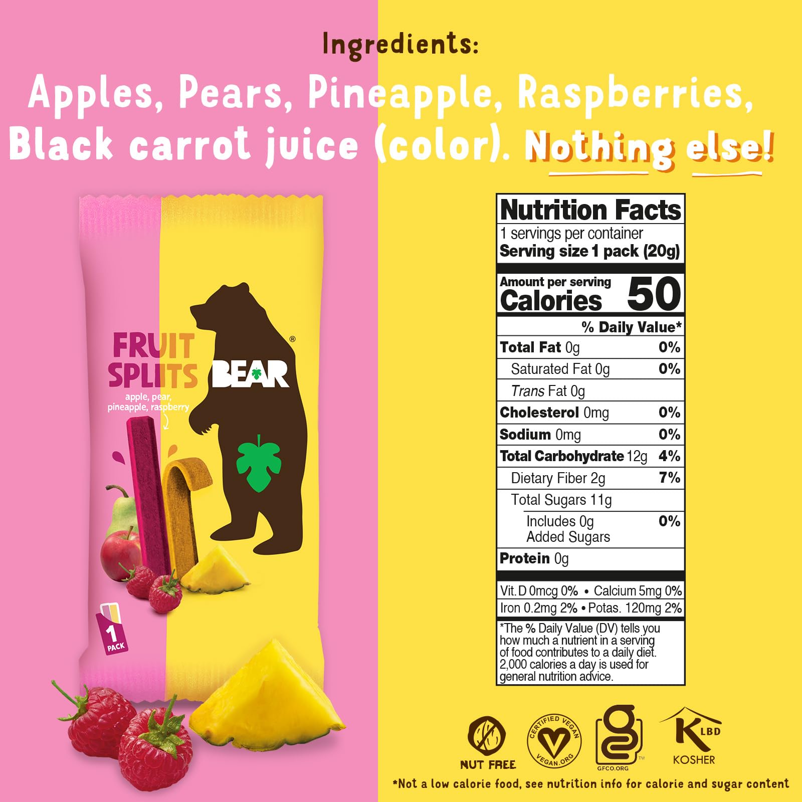 BEAR Raspberry Pineapple Fruit Splits for on-the-go snacking, gluten-free and vegan.
