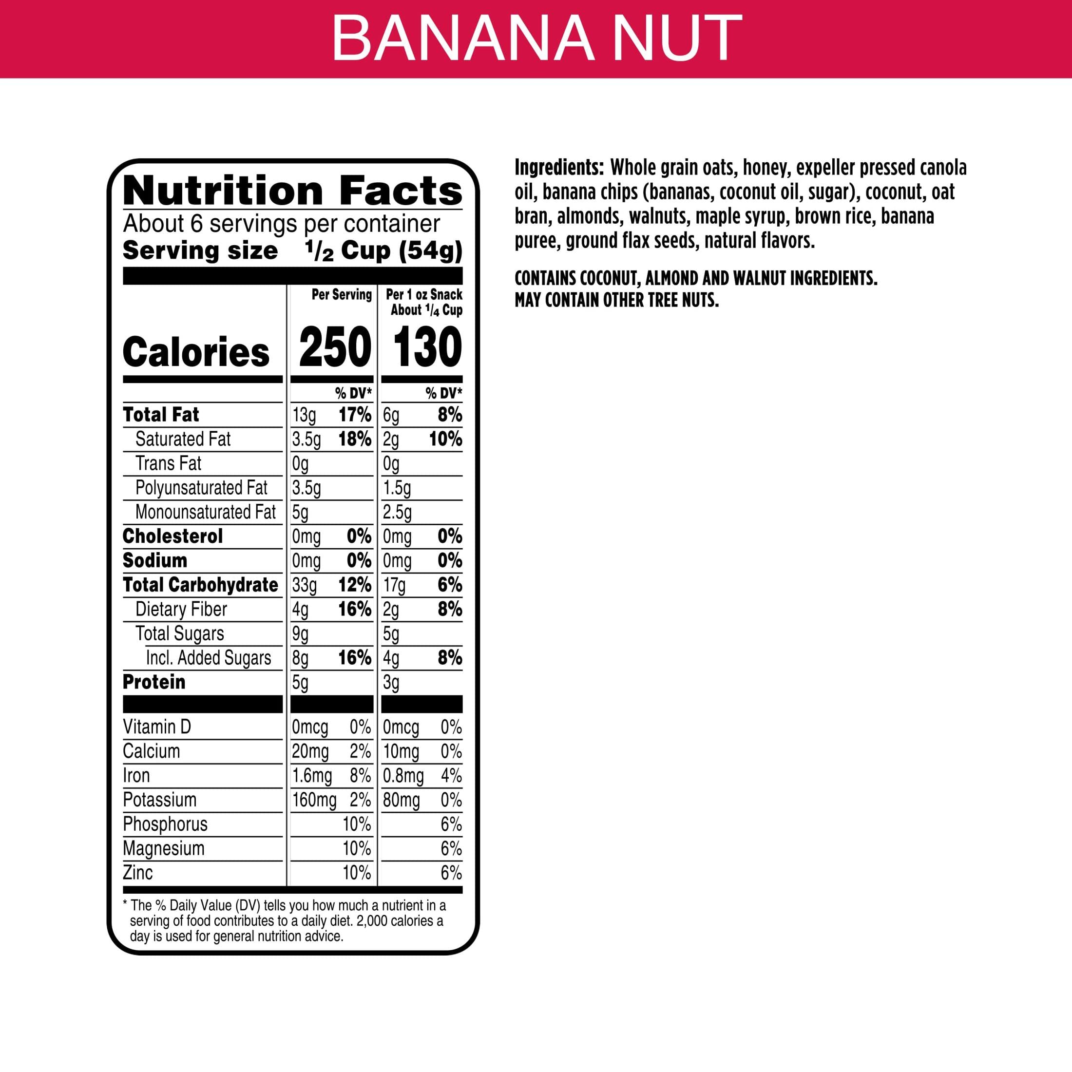 Bear Naked Banana Nut Granola ingredients spread shows honey, banana chips, almonds, walnuts for crunch.