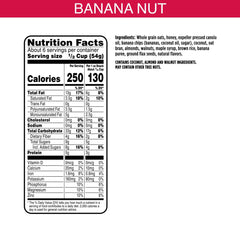 Bear Naked Banana Nut Granola ingredients spread shows honey, banana chips, almonds, walnuts for crunch.