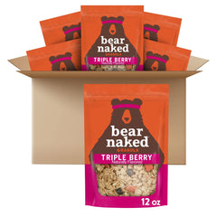 Bear Naked Triple Berry Crunch granola bag front with bold berry imagery, ready to snack