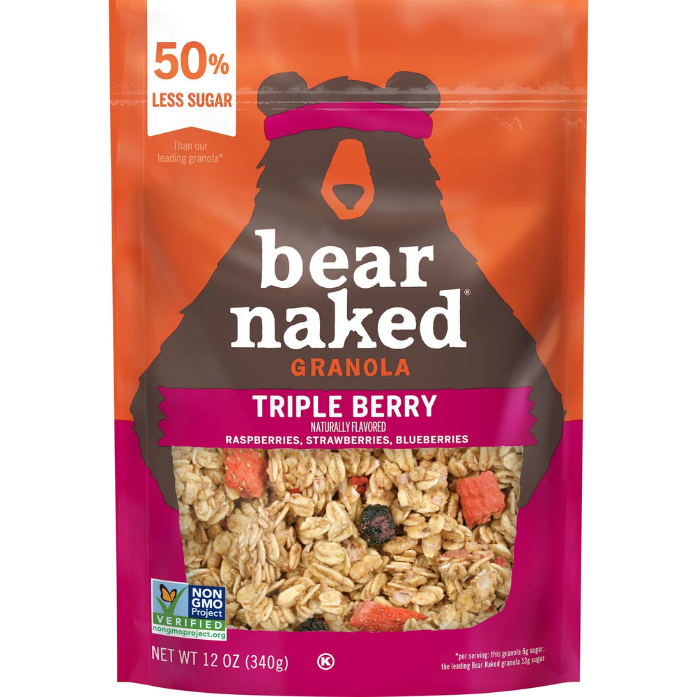 Bear Naked Triple Berry Granola poured over milk in a breakfast bowl.