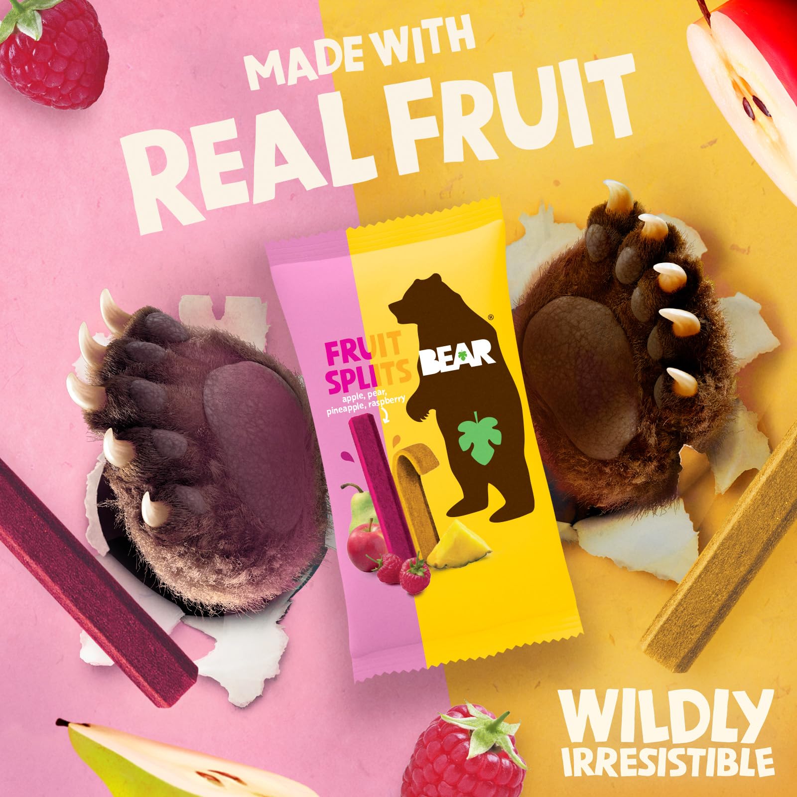 BEAR real fruit snacks baked at low temperature for extra fiber and fullness.