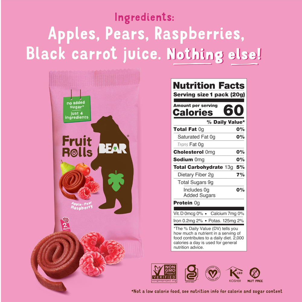 Close-up of BEAR Raspberry Snack Roll texture with real fruit bits.