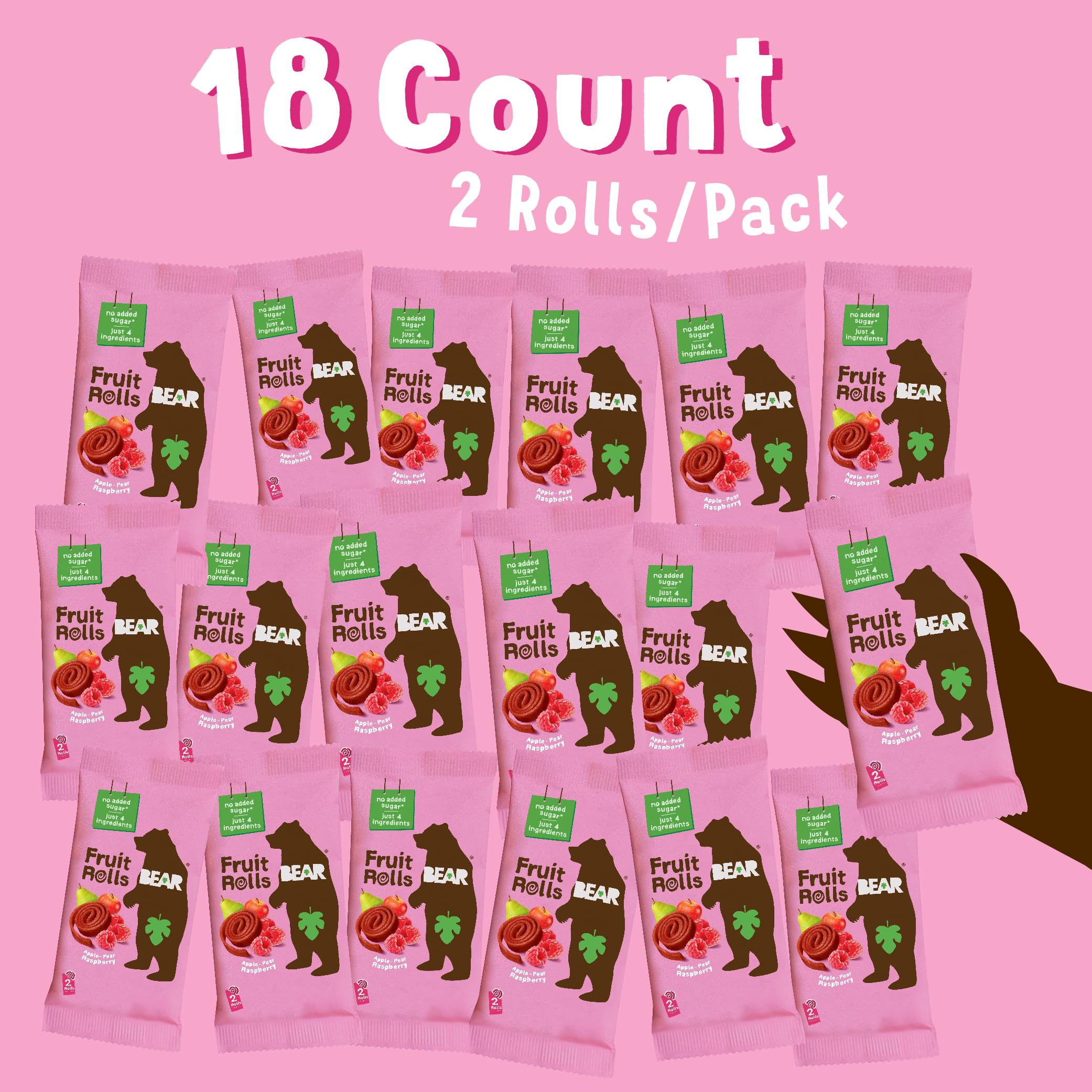 Ingredient highlights showing real fruit and simple ingredients in BEAR Raspberry Roll.