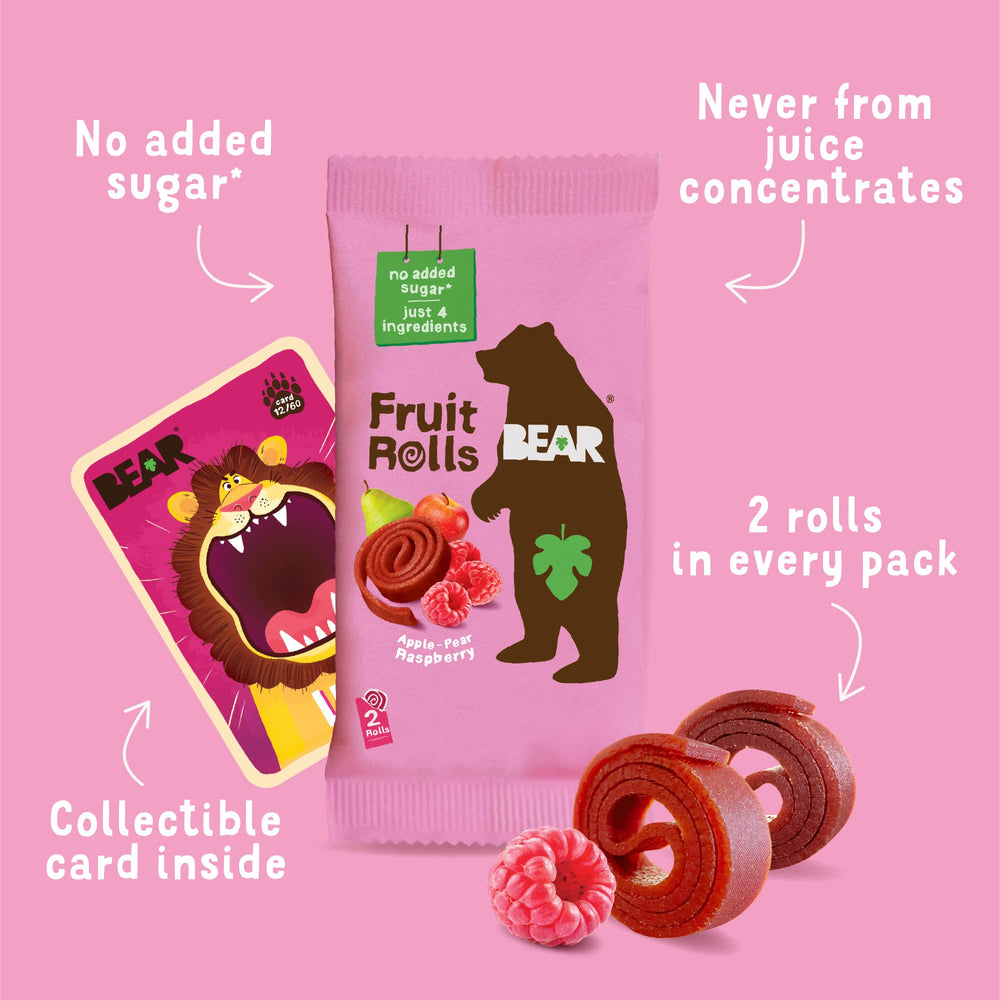 Packaging communicates gluten-free, vegan, and non-GMO qualities of BEAR Raspberry Roll.