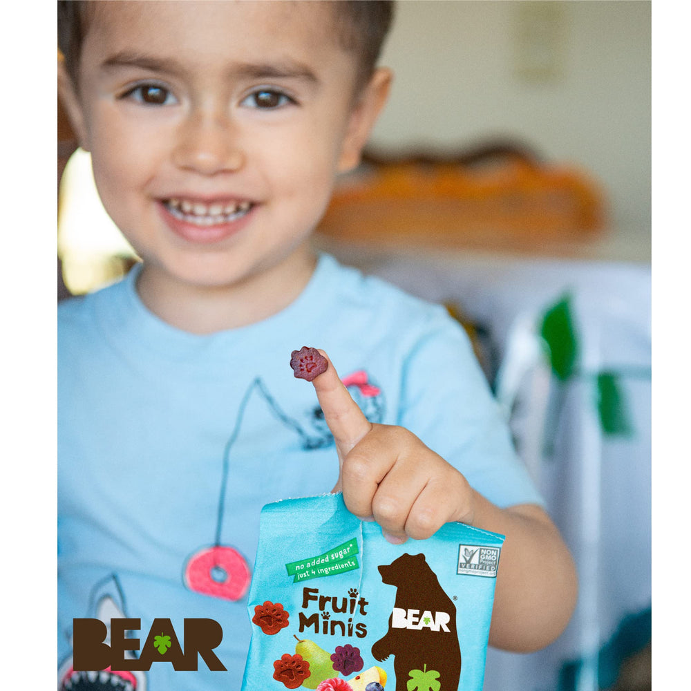 BEAR Real Fruit Snack Minis gluten-free kosher vegan paleo icons highlight inclusivity.