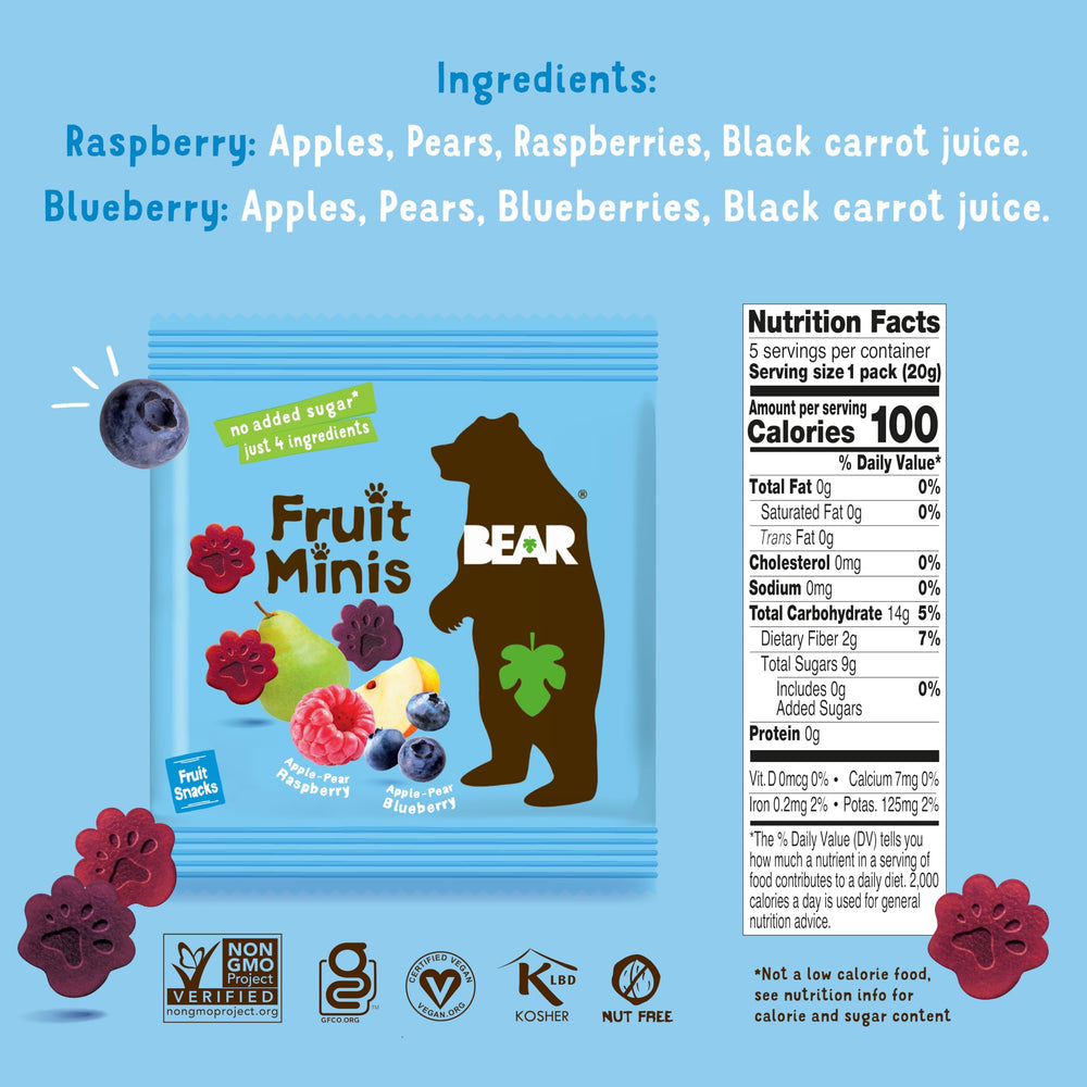 BEAR Real Fruit Snack Minis Raspberry/Blueberry close-up highlights natural ingredients.