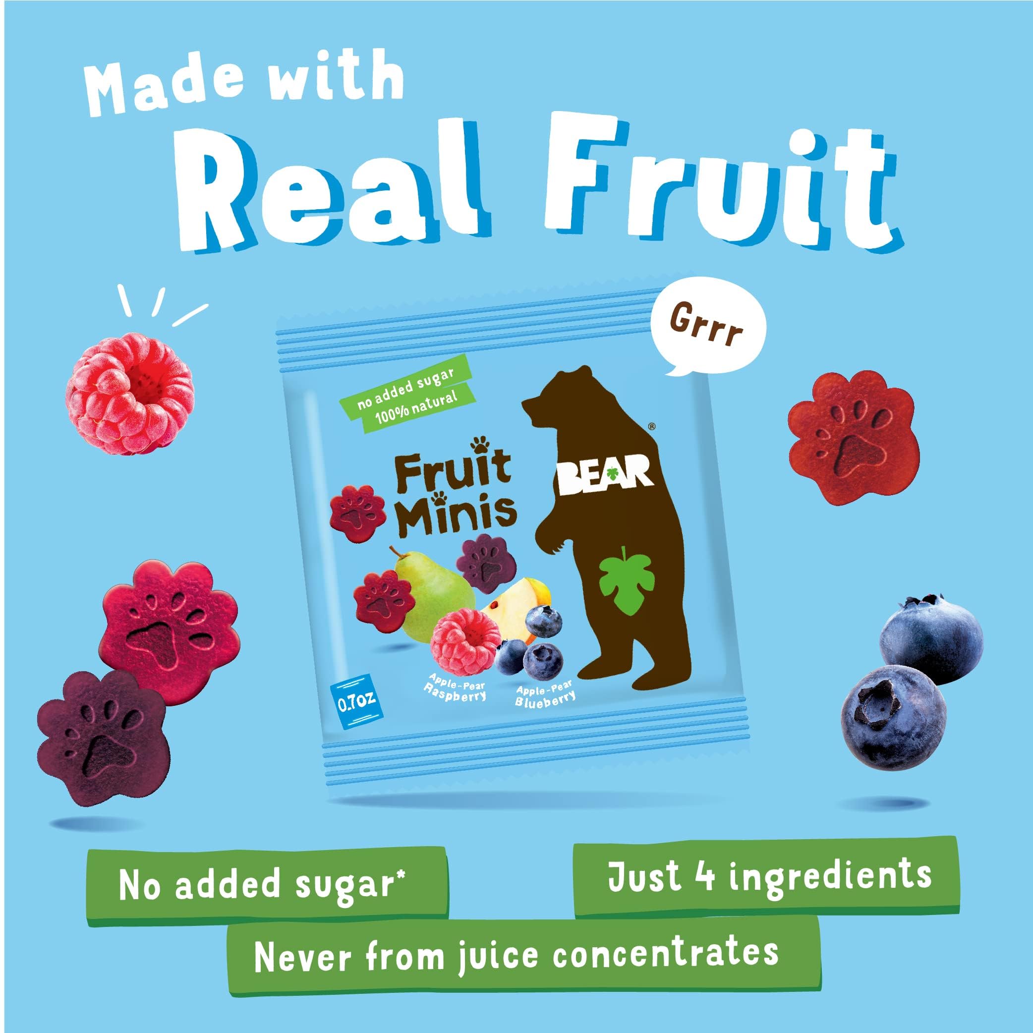 BEAR Real Fruit Snack Minis Raspberry/Blueberry in lunchbox shows kid-friendly, convenient snack.