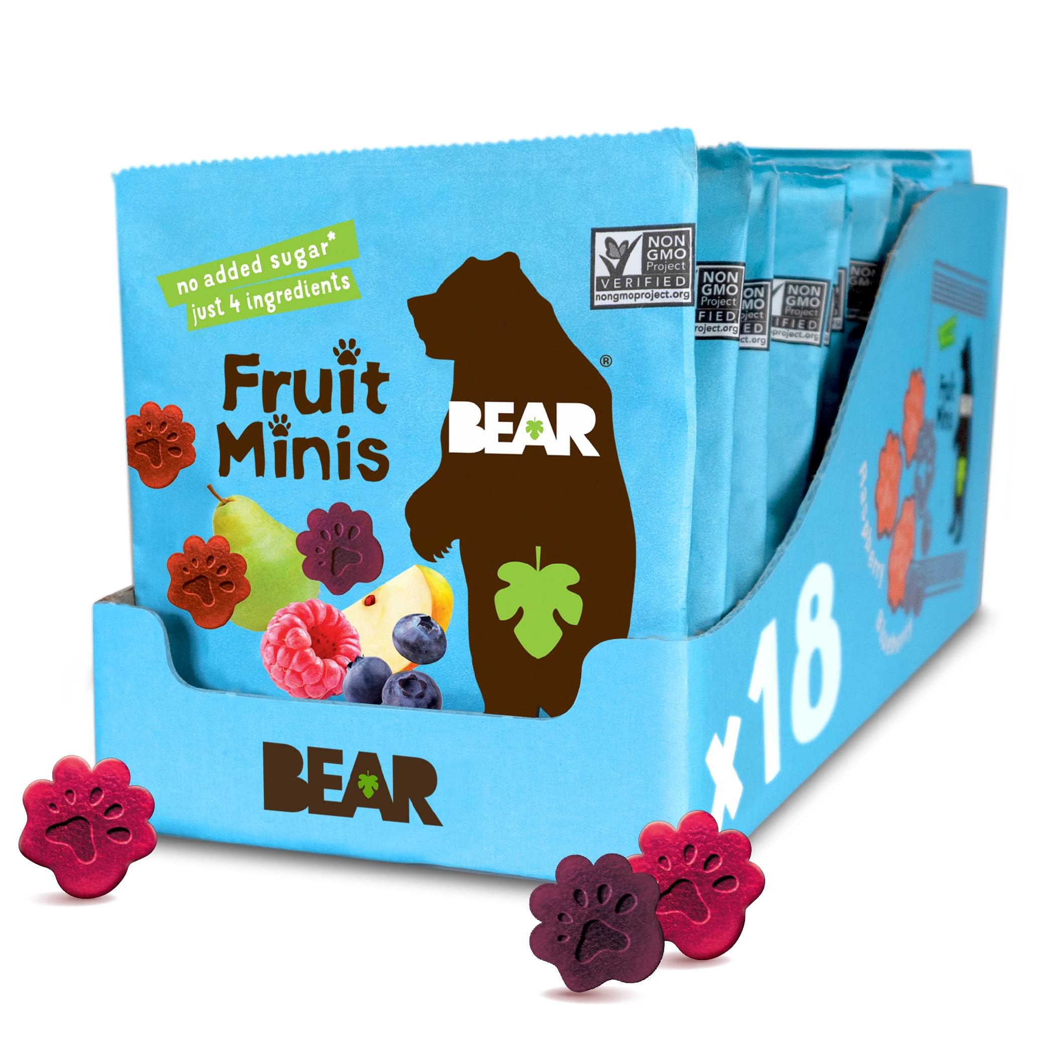 BEAR Real Fruit Snack Minis Raspberry/Blueberry pack front shows an 18-pack for sharing.