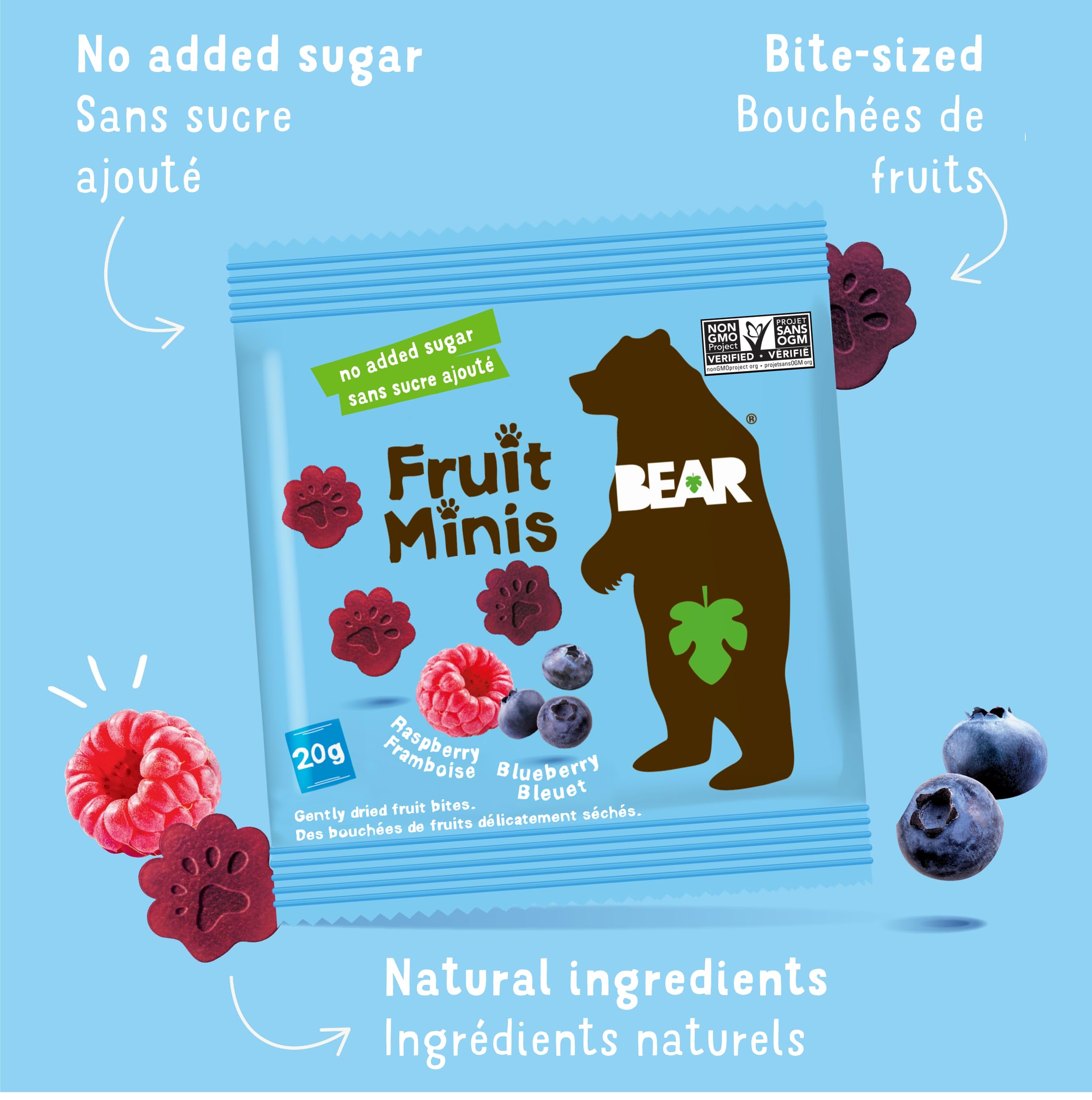 BEAR Real Fruit Snack Minis close-up serving bowl demonstrates fiber-rich fruit treat.