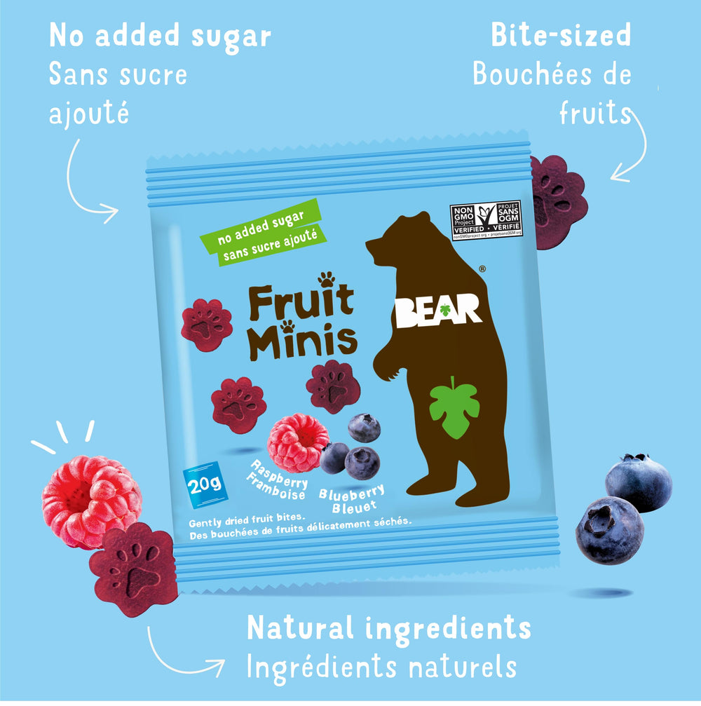 BEAR Real Fruit Snack Minis close-up serving bowl demonstrates fiber-rich fruit treat.