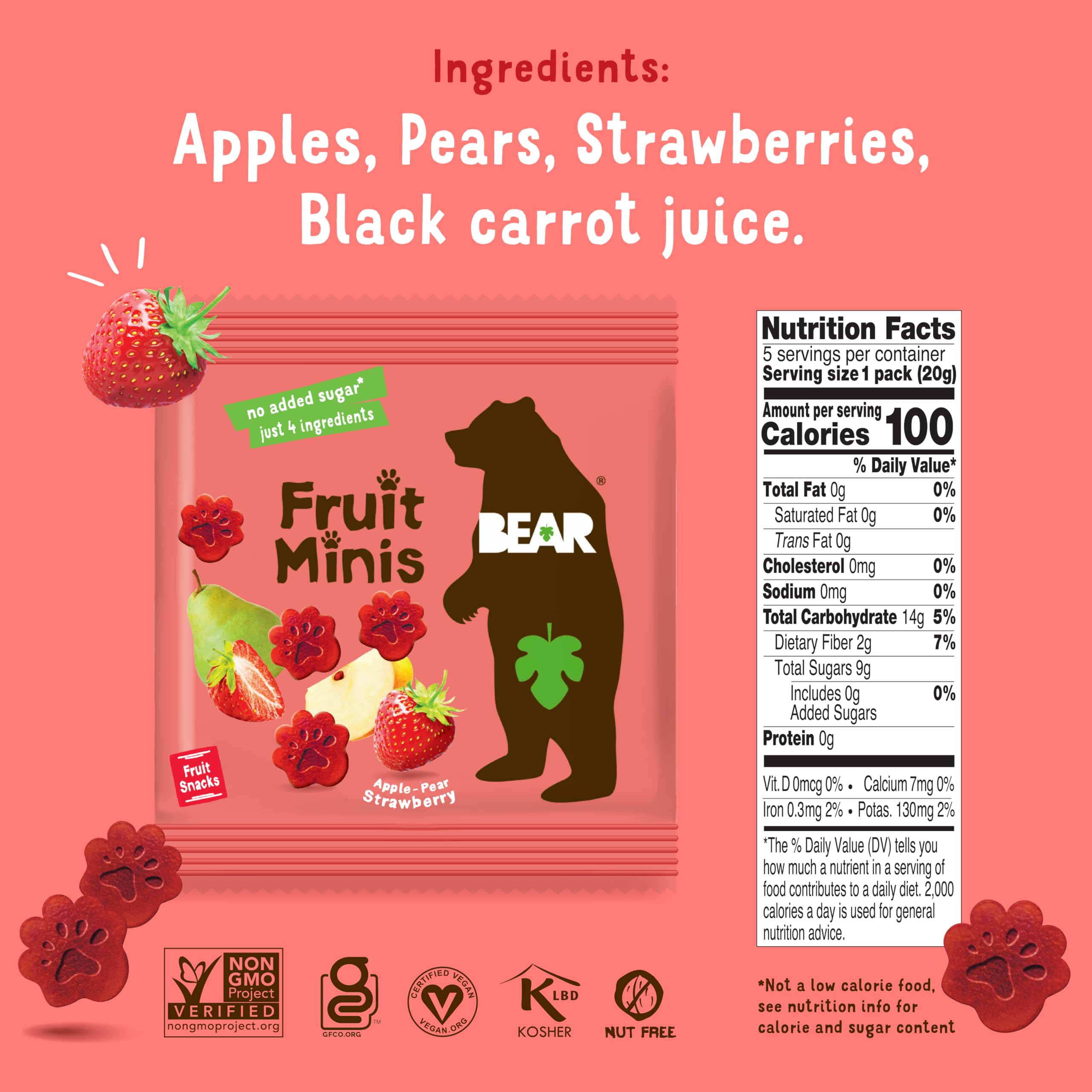 BEAR Real Fruit Snack Minis Strawberry bag showing non-GMO and gluten-free ingredients