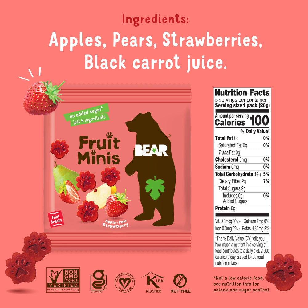 BEAR Real Fruit Snack Minis Strawberry bag showing non-GMO and gluten-free ingredients