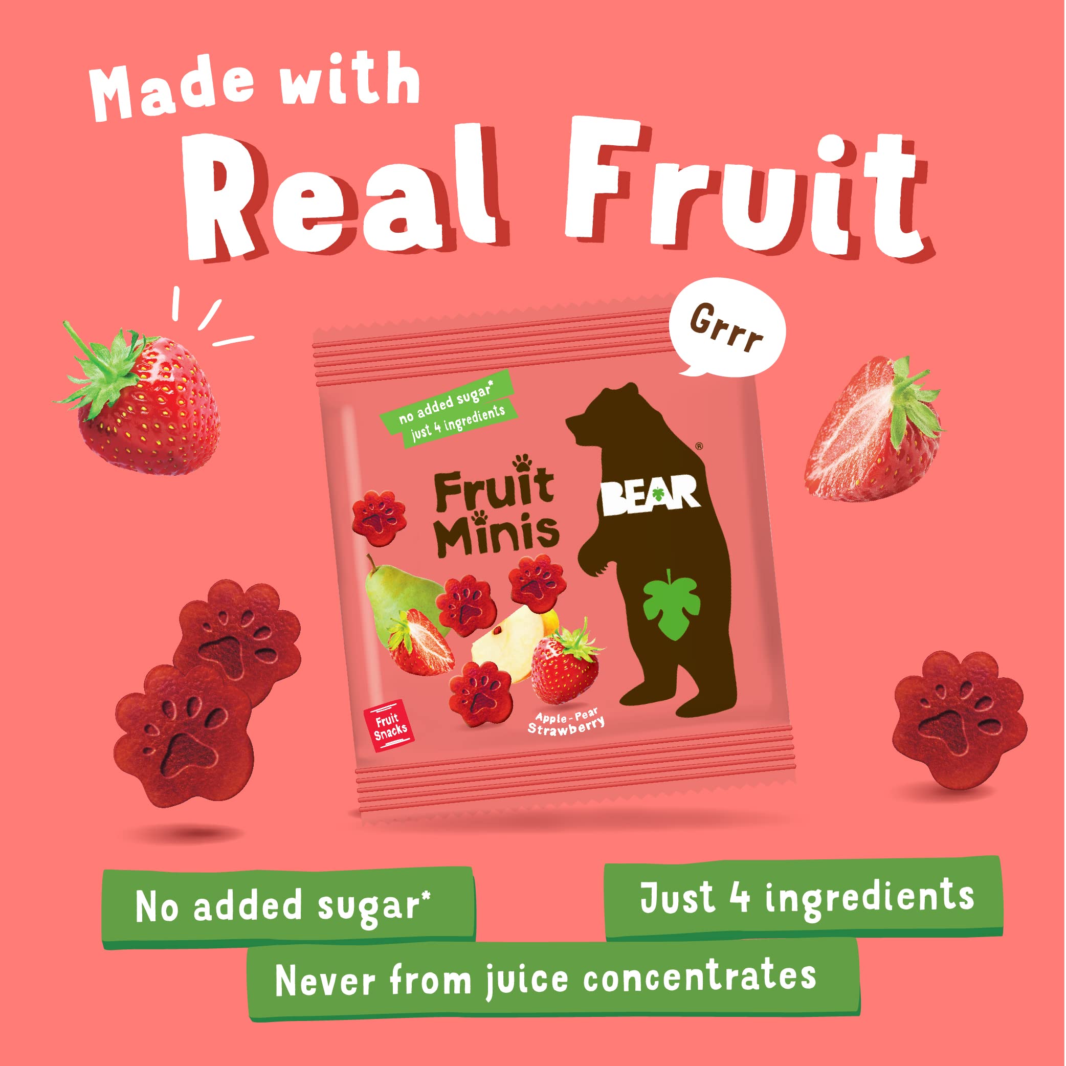 BEAR Real Fruit Snack Minis Strawberry close-up of fruit rolls with natural sweetness