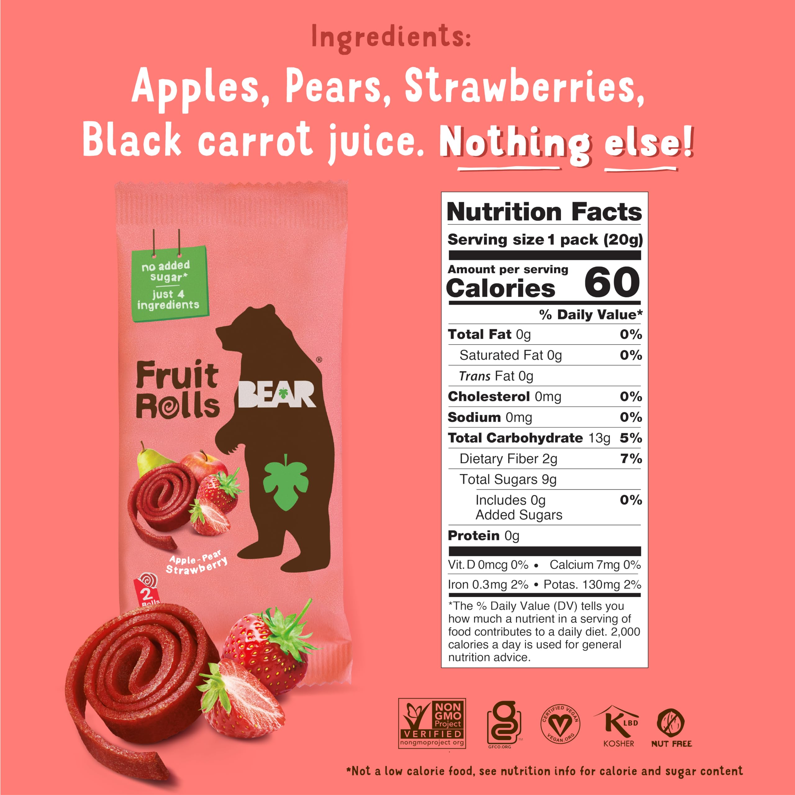 BEAR Real Fruit Snack Rolls strawberry lunchbox pack, ideal for kids.