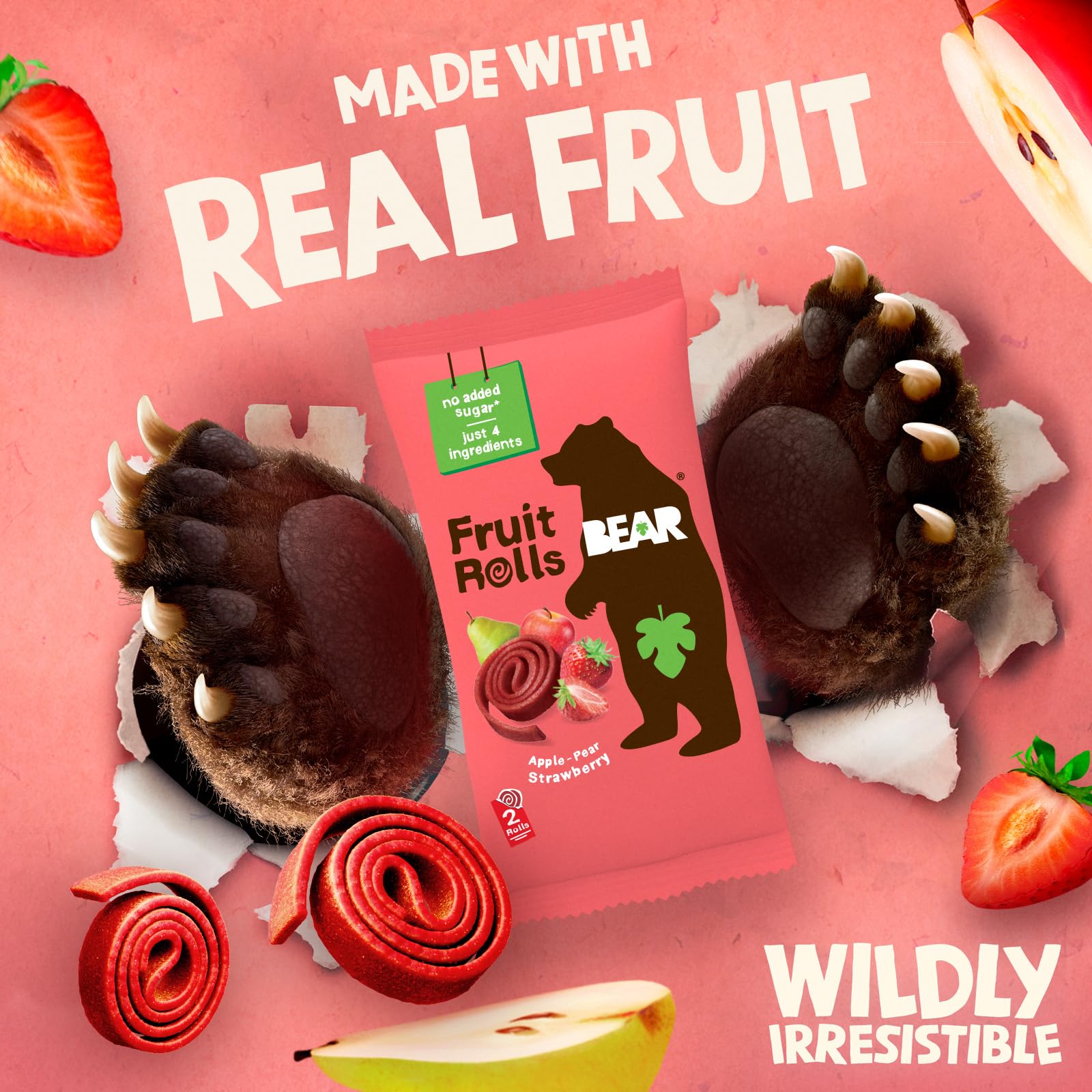 BEAR Real Fruit Snack Rolls strawberry on-the-go pack, convenient for travel.