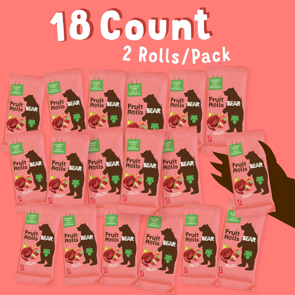 BEAR Real Fruit Snack Rolls strawberry simple ingredients close view.